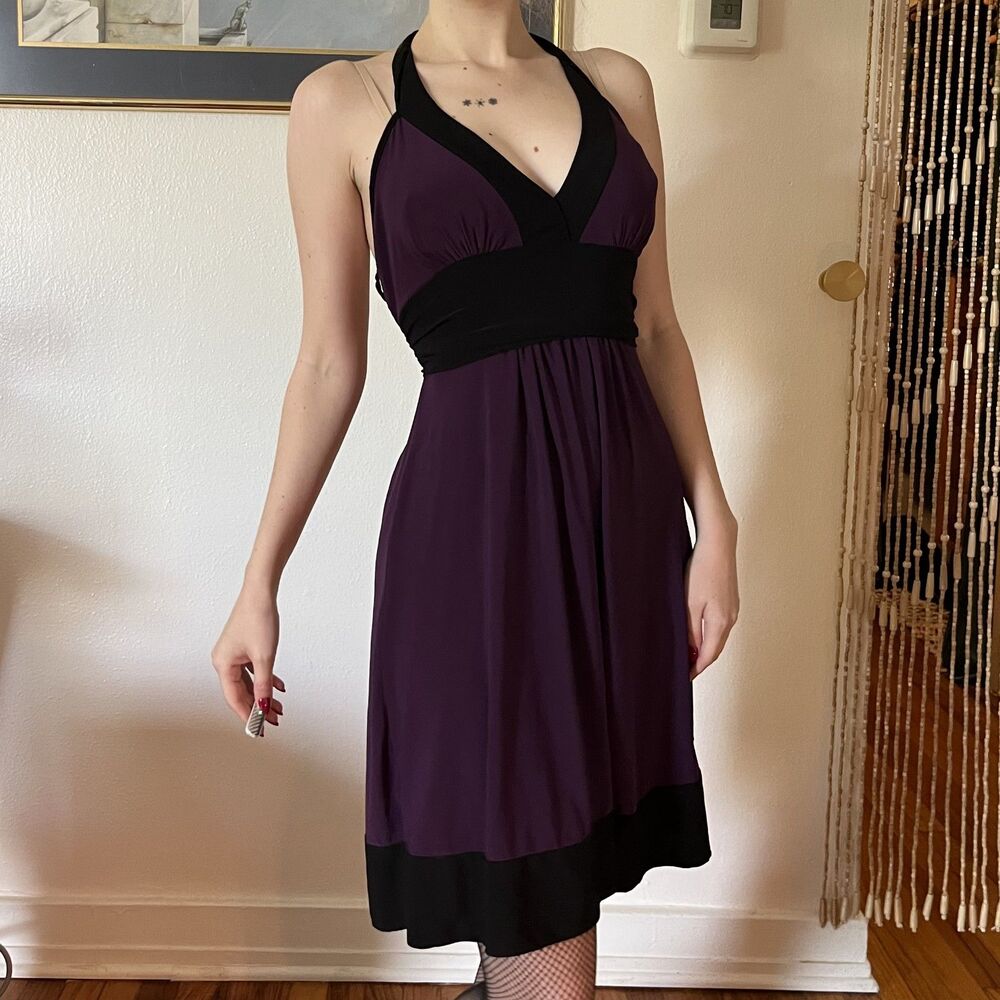 Vintage Y2K Body Control Purple & Black Halter Dress Size S Whimsigoth 90s